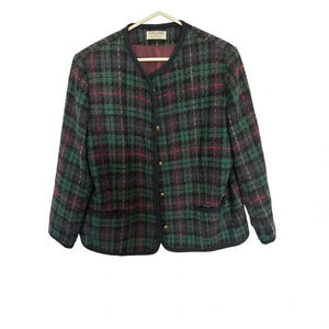 Alfred Dunner Women's Green Multi Long Sleeve Wool Plaid Tweed Blazer Size 38